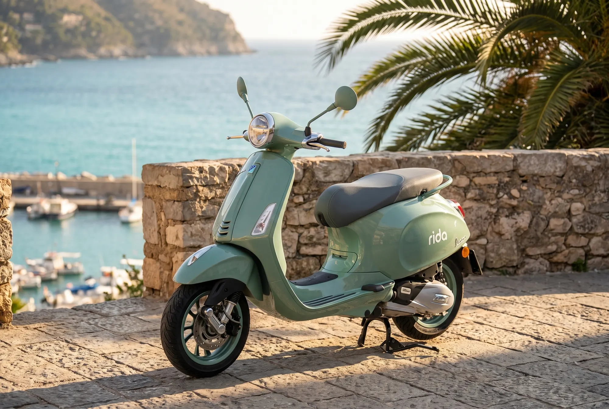 Vespa Primavera rida aparcada frente al puerto