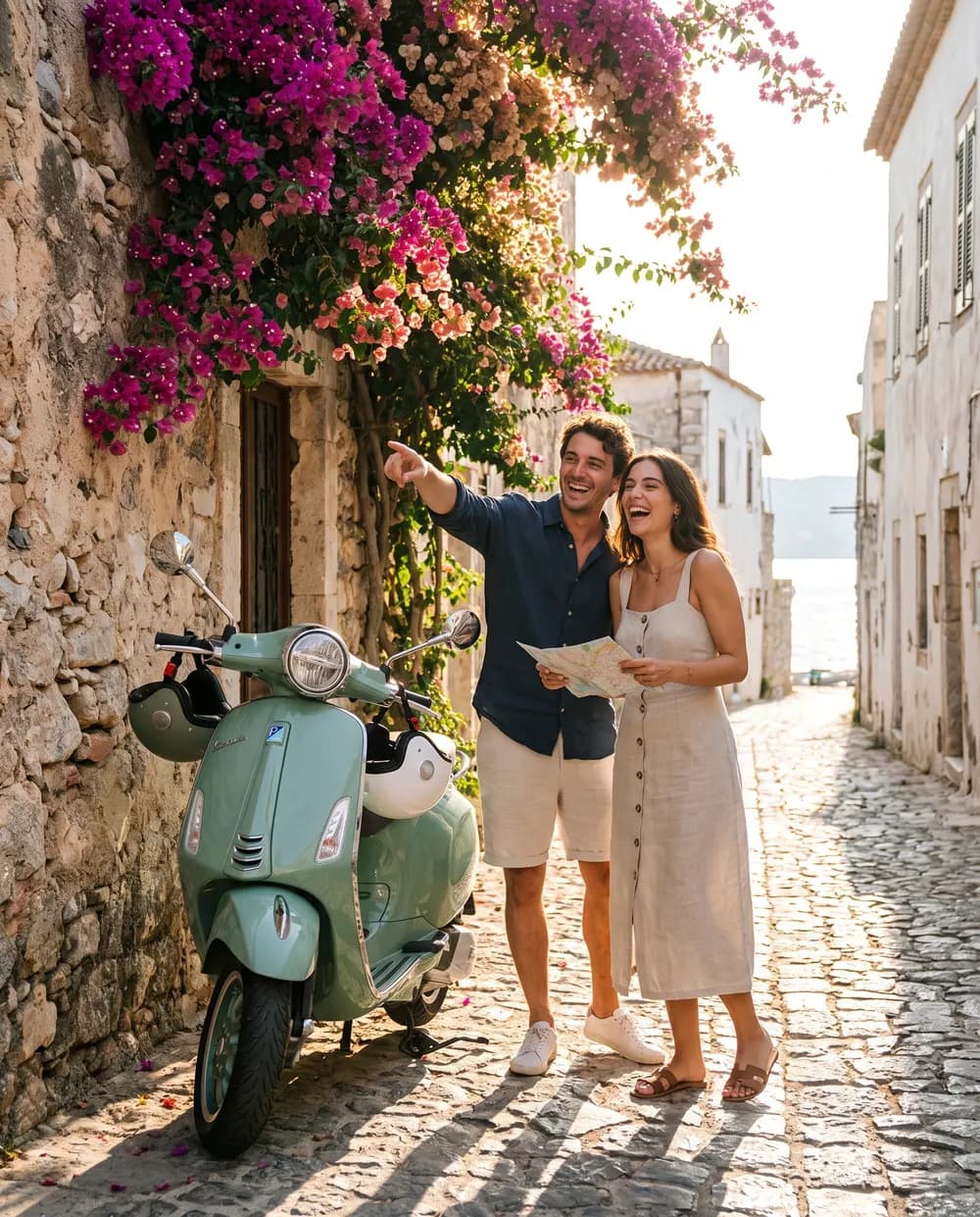 Couple checking a map next to their rida Vespa in a village