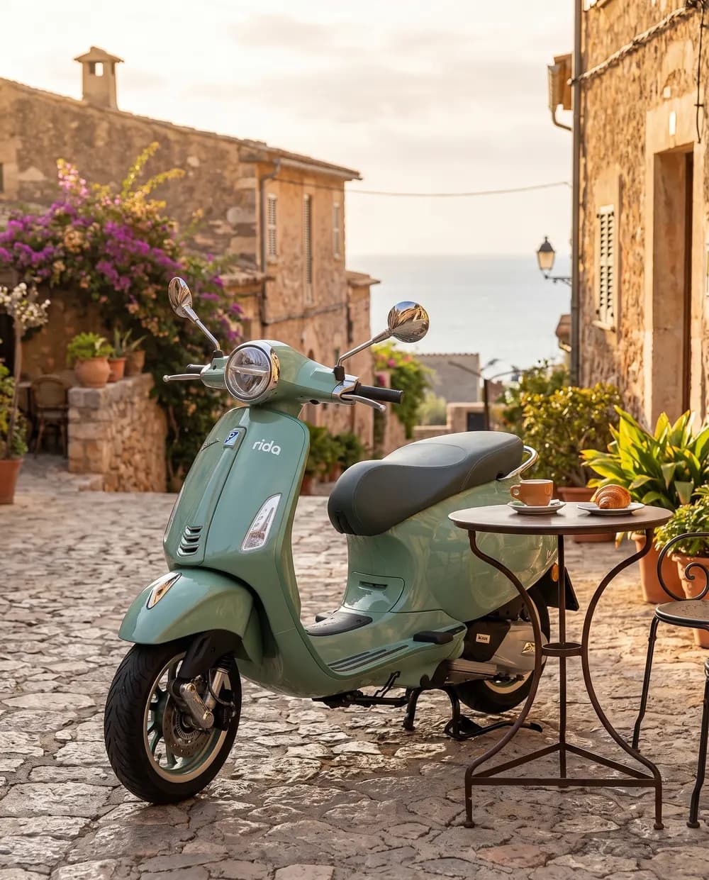rida Vespa parked at a café terrace in a white village